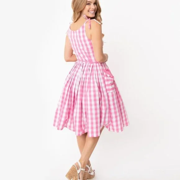Unique Vintage Pink Gingham Midi Dress - Picture 3 of 7